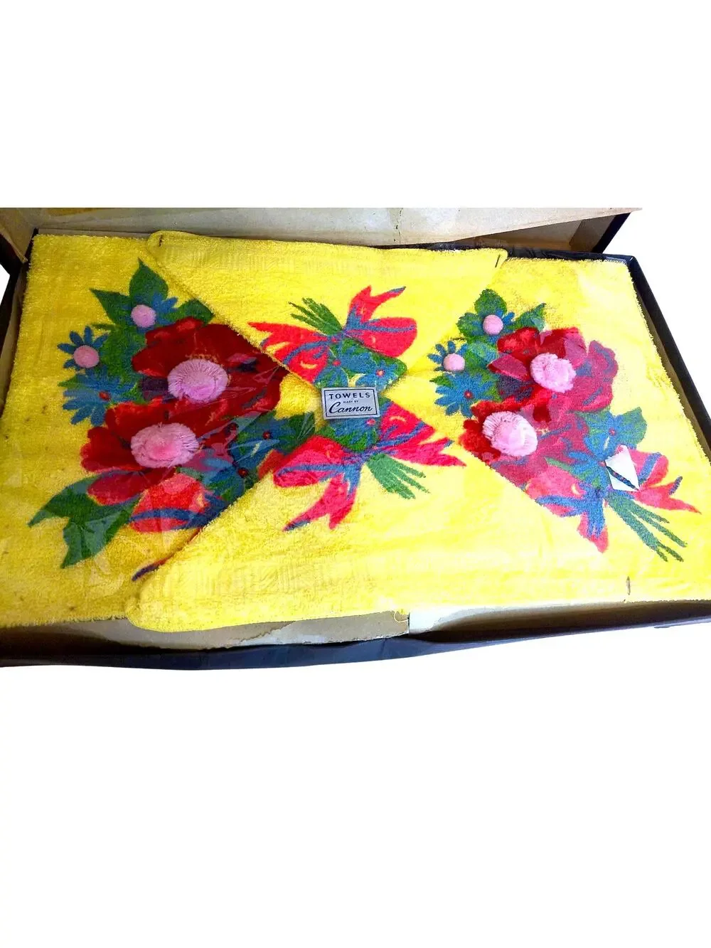 Vtg MCM Cannon Towels Set Yellow Embroidered Garden Flowers Boxed New Old Stock